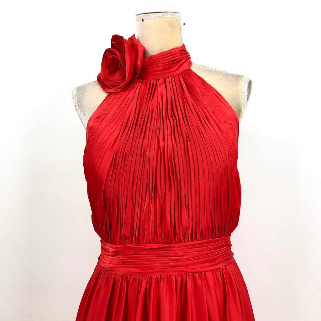 MAC DUGGAL Women's Halter Neck Satin Gown Size 10 Red High Slit Open Back NWT
