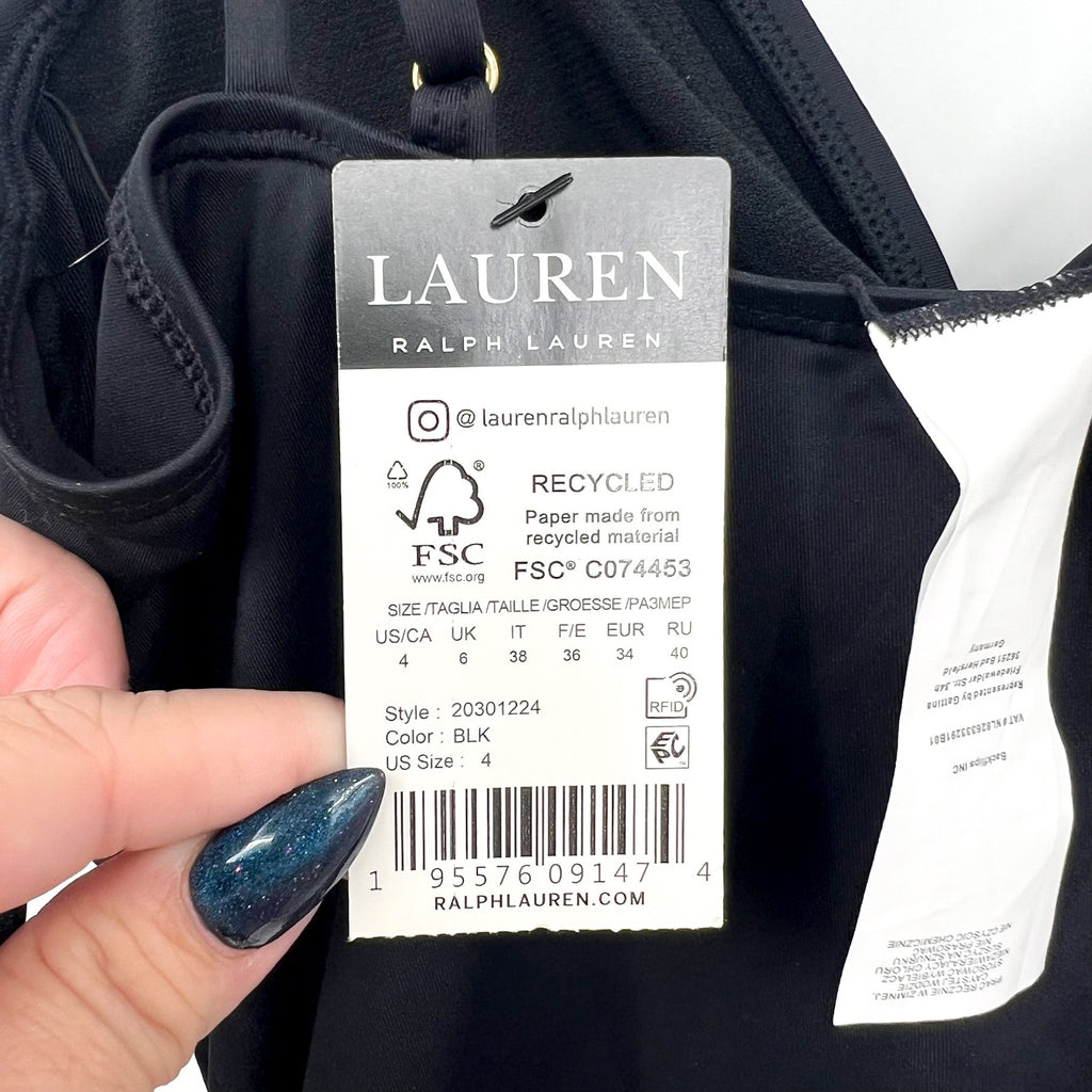 LAUREN RALPH LAUREN Double Strap Twist Tankini Top Size 4 Black Underwire NWT