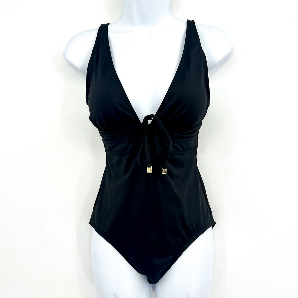TOMMY BAHAMA Pearl Tie-Front One-Piece Swimsuit Size 6 Black V Neck NWOT