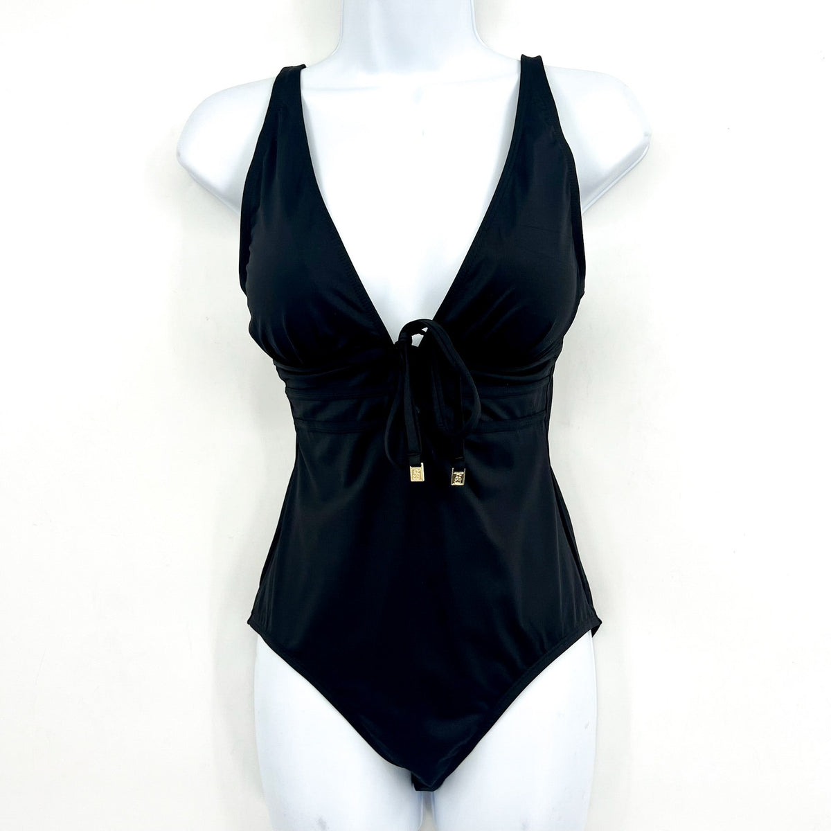 TOMMY BAHAMA Pearl Tie-Front One-Piece Swimsuit Size 6 Black V Neck NWOT