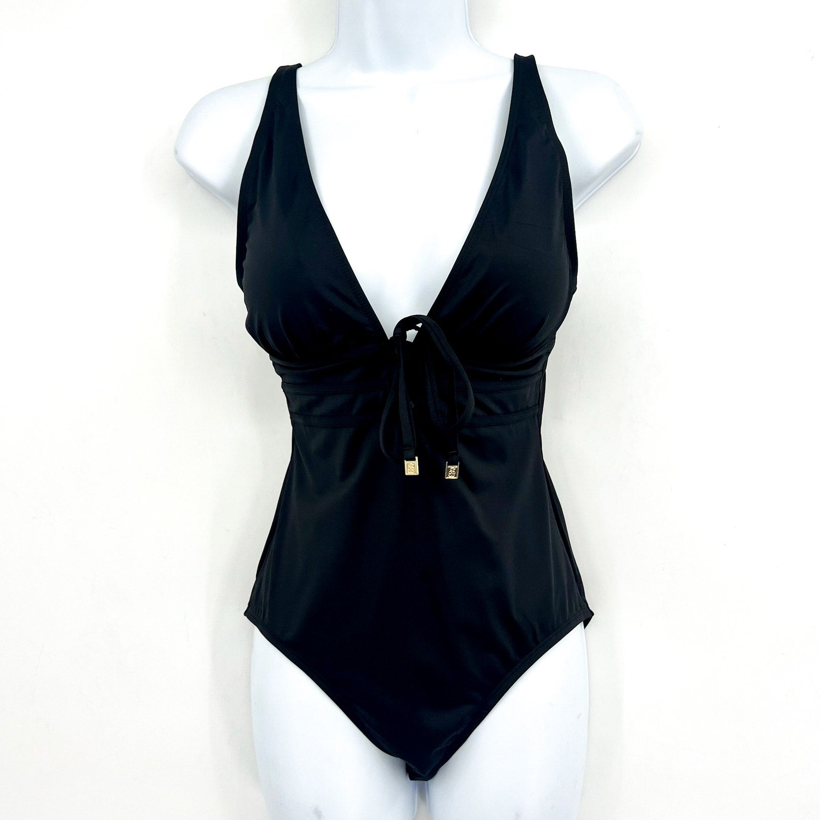 TOMMY BAHAMA Pearl Tie-Front One-Piece Swimsuit Size 6 Black V Neck NWOT