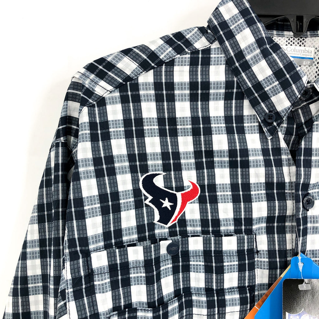 COLUMBIA Mens Super Tamiami LS Shirt Small Blue White Houston Texans PFG NWT