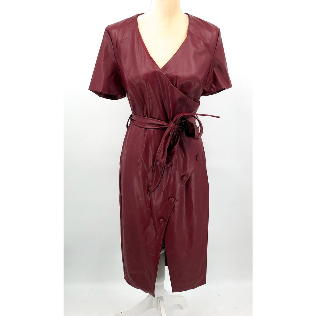 BARDOT Womens Wrap Midi Dress Large US 8 Red Burgundy Vegan Leather NWT
