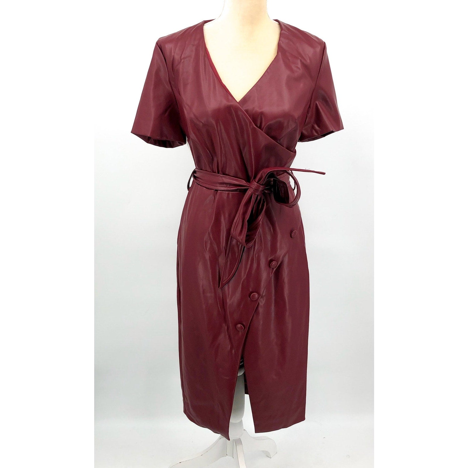 BARDOT Womens Wrap Midi Dress Large US 8 Red Burgundy Vegan Leather NWT