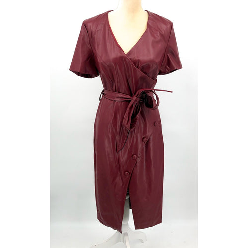 BARDOT Womens Vegan Leather Midi Wrap Dress Large US 8 Red Burgundy NWT