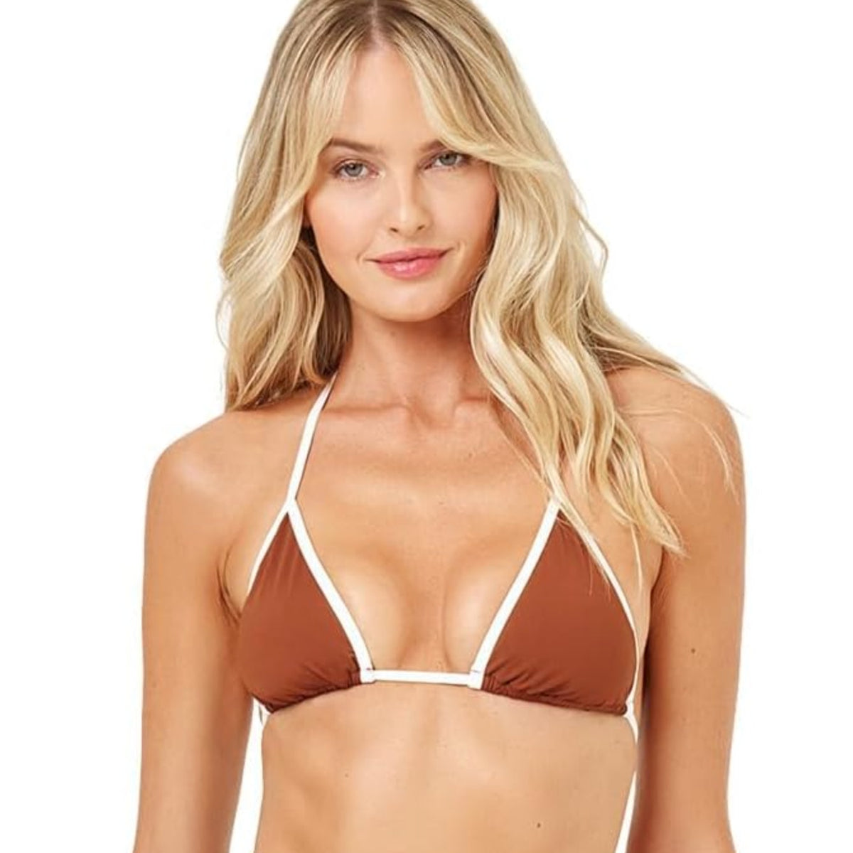 L*SPACE Women's Aspen Triangle Halter Bikini Top Medium Coffee Brown Cream NWT