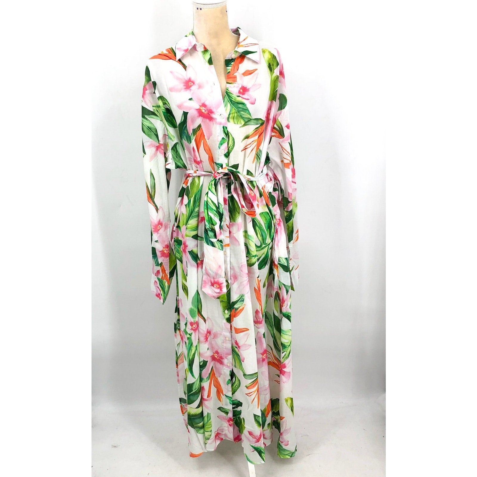 LAUREN RALPH LAUREN Tropical Floral Voile Shirtdress Large White Multi NWT