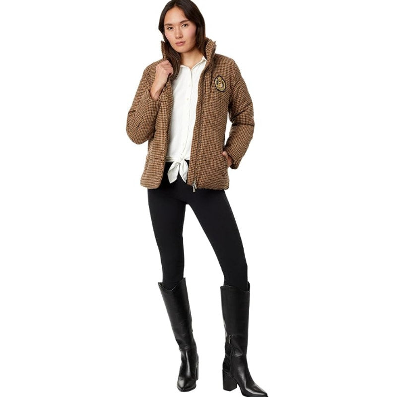 LAUREN RALPH LAUREN Womens Houndstooth Crest-Patch Puffer Coat Large Tan NWOT