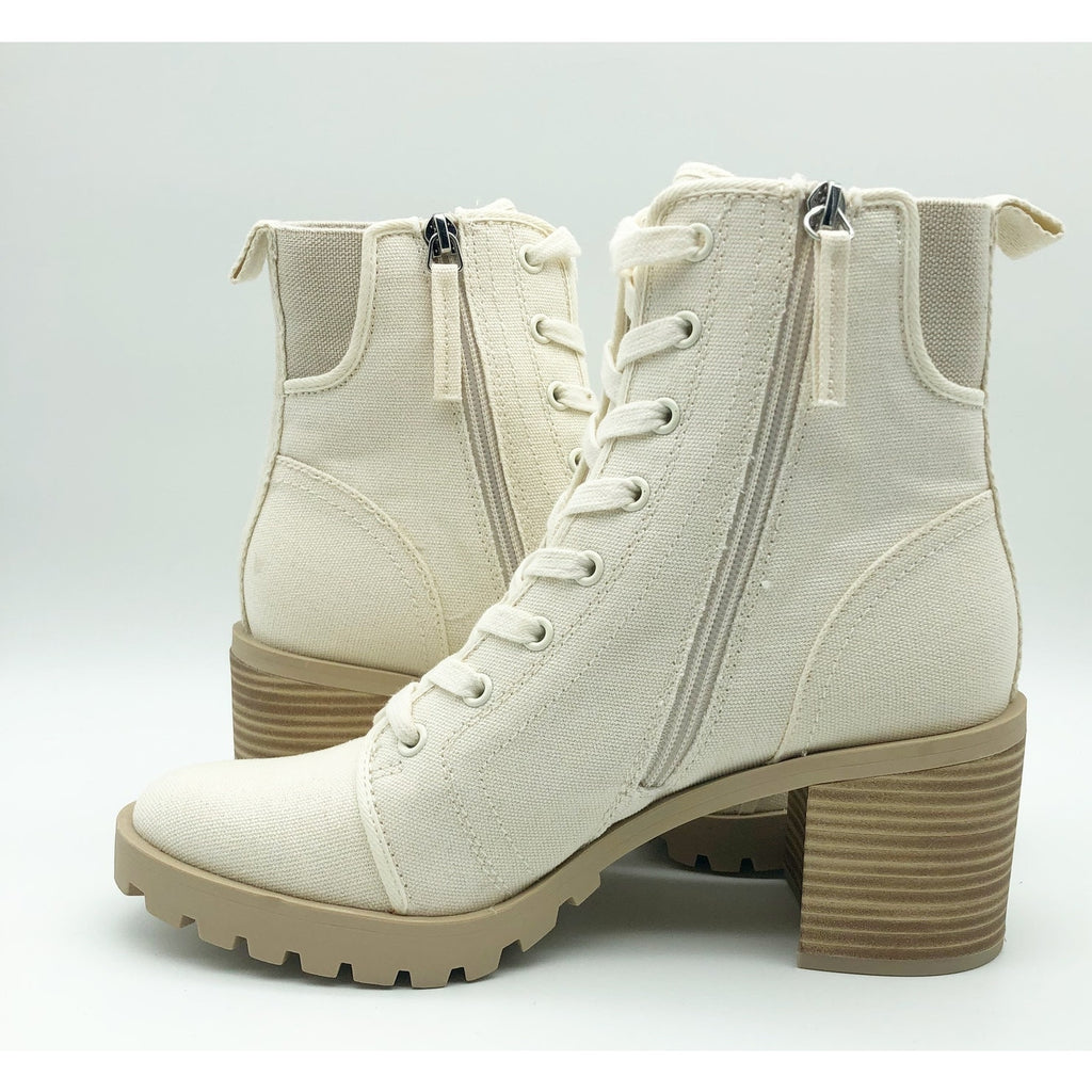 Dolce Vita Womens Combat Boots Size 8 Stacked Heel Off White Canvas NWOB