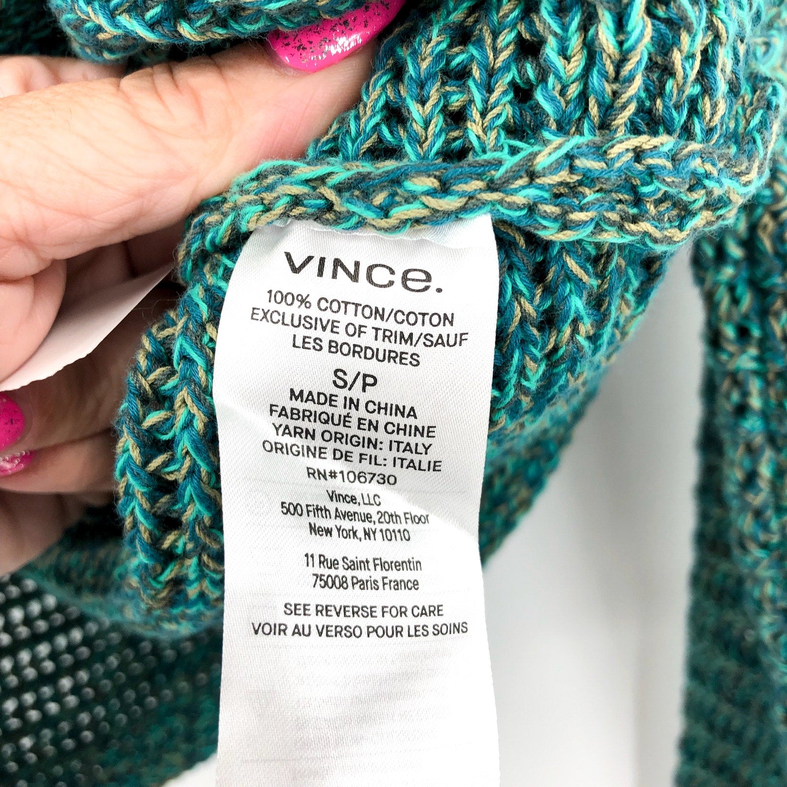 VINCE Women's Marled Crochet Cardigan Green Marl Small V-Neck Cotton NWT