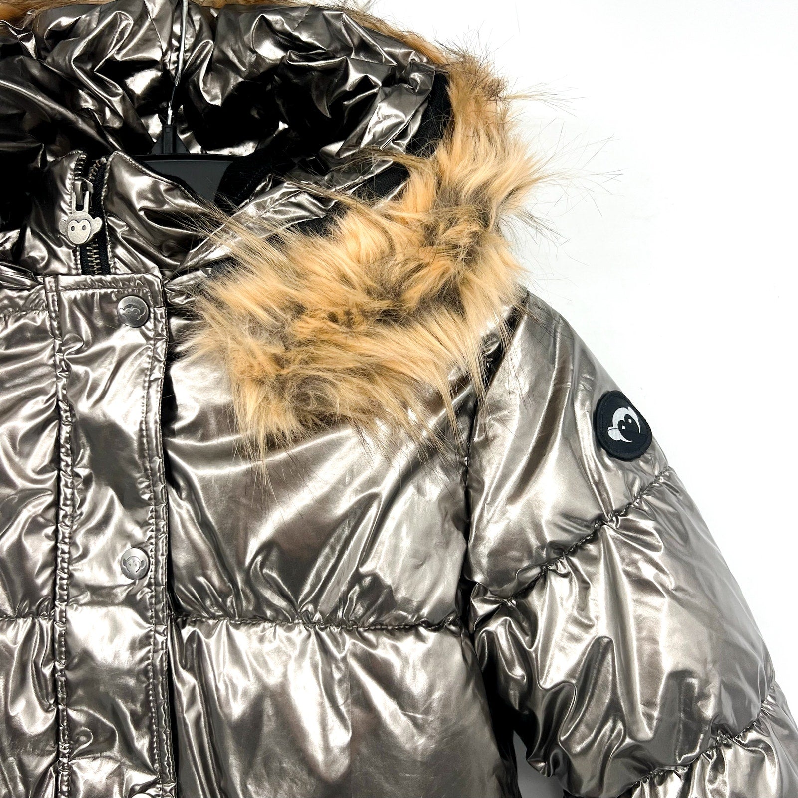 APPAMAN Girls Kyla Puffer Coat Size 14 Silver Lustrous Metallic Faux Fur NWT