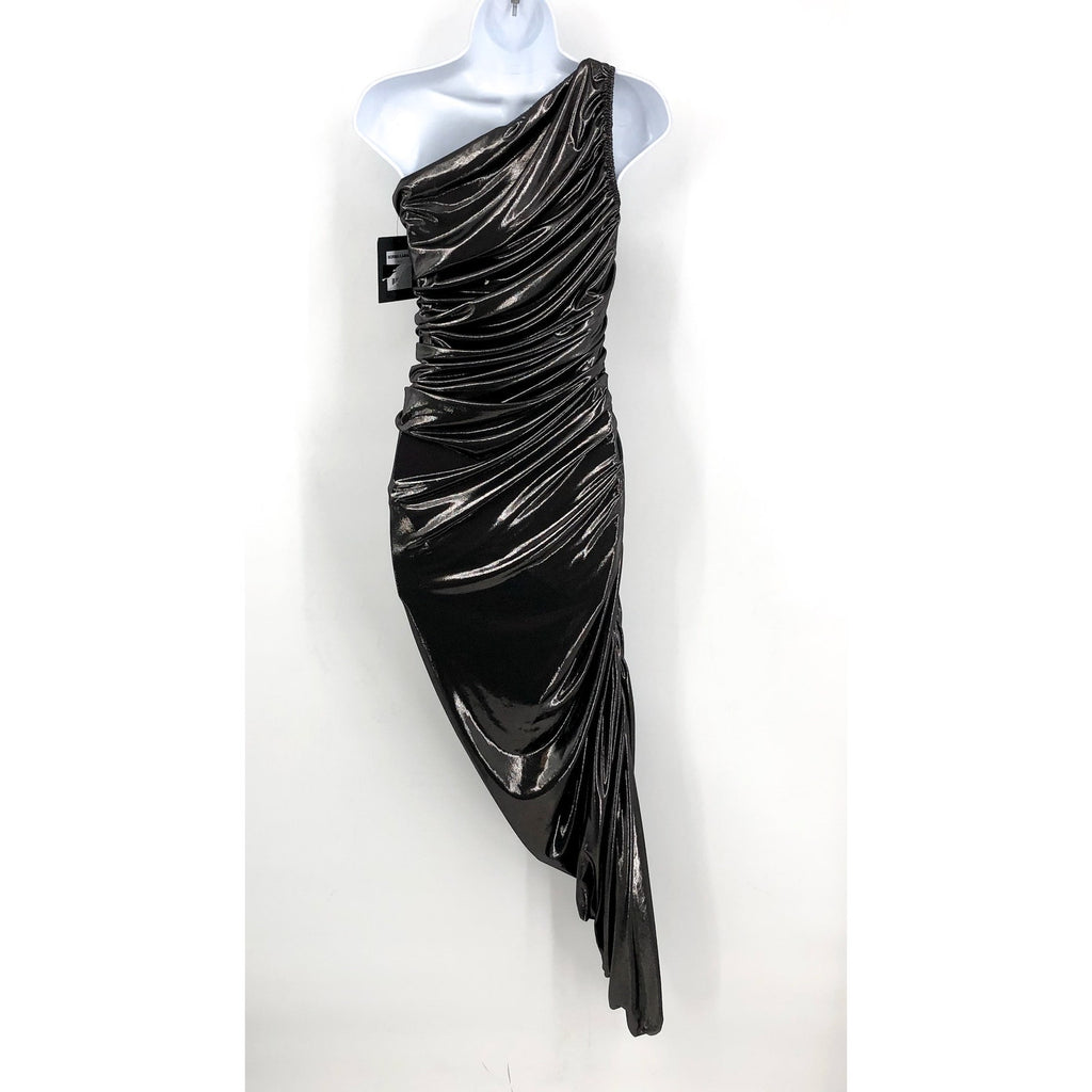 NORMA KAMALI Diana One Shoulder Gown XS Grey Metallic Ruched Midi NWT