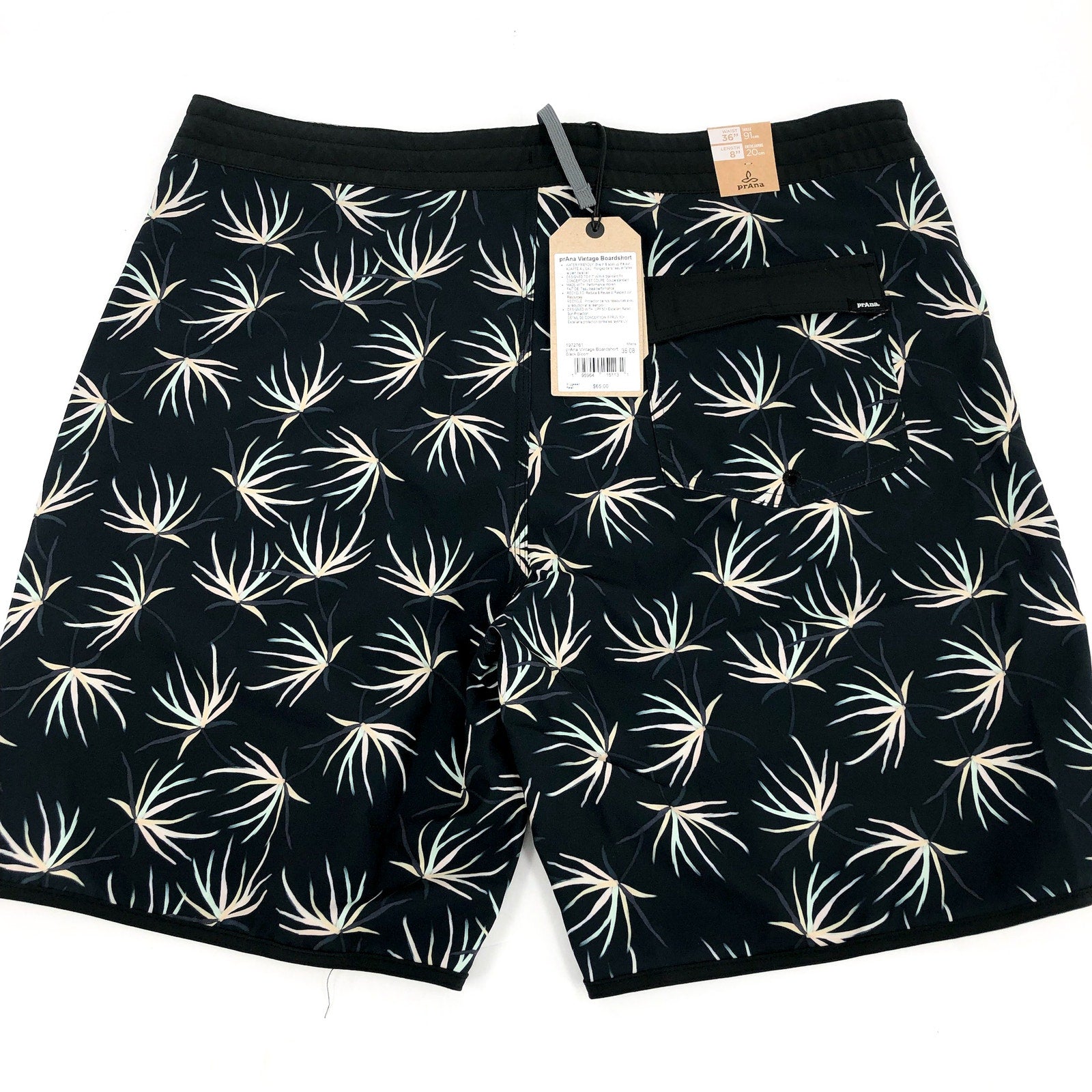 PRANA Men's Vintage Boardshort Size 36 Black Bloom 8" Inseam Drawstring NWT