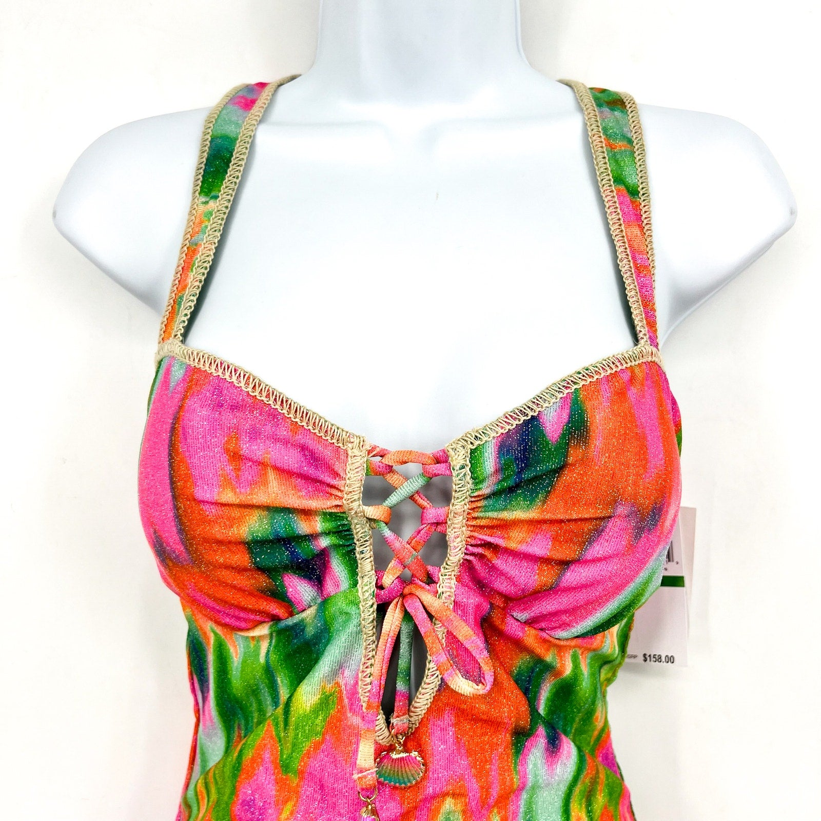 BECCA Women's Lace-Up One-Piece Swimsuit Large Pink Mirage Metallic NWT