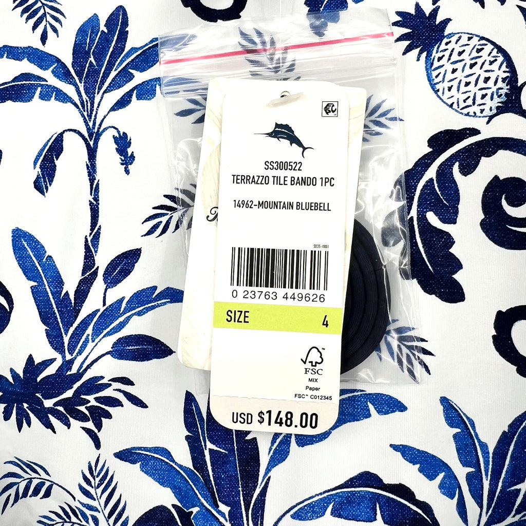 TOMMY BAHAMA Terrazzo Tile Bandeau One Piece Swimsuit Size 4 Blue Floral NWT
