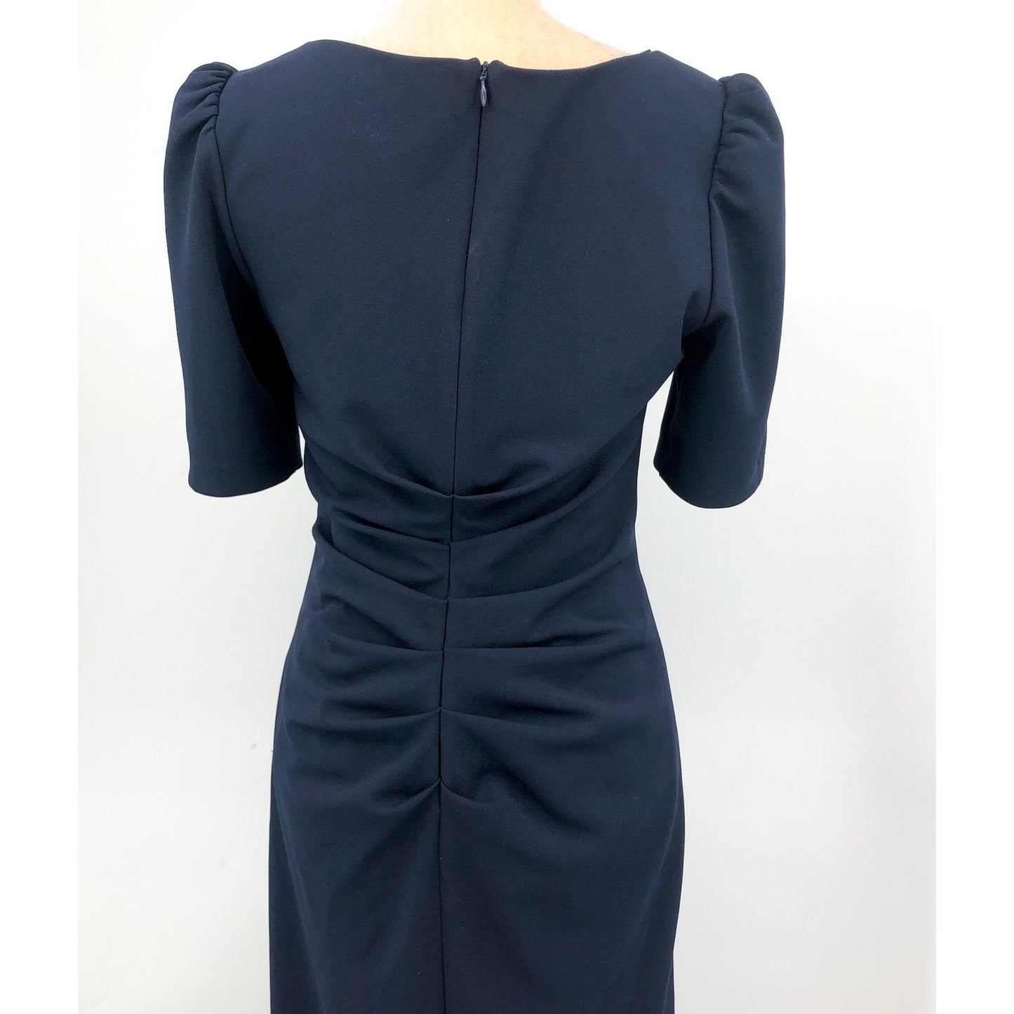 XSCAPE Women's Scuba Crepe Ruffle Gown Size 8 Navy Blue Short Sleeve Dress NWOT