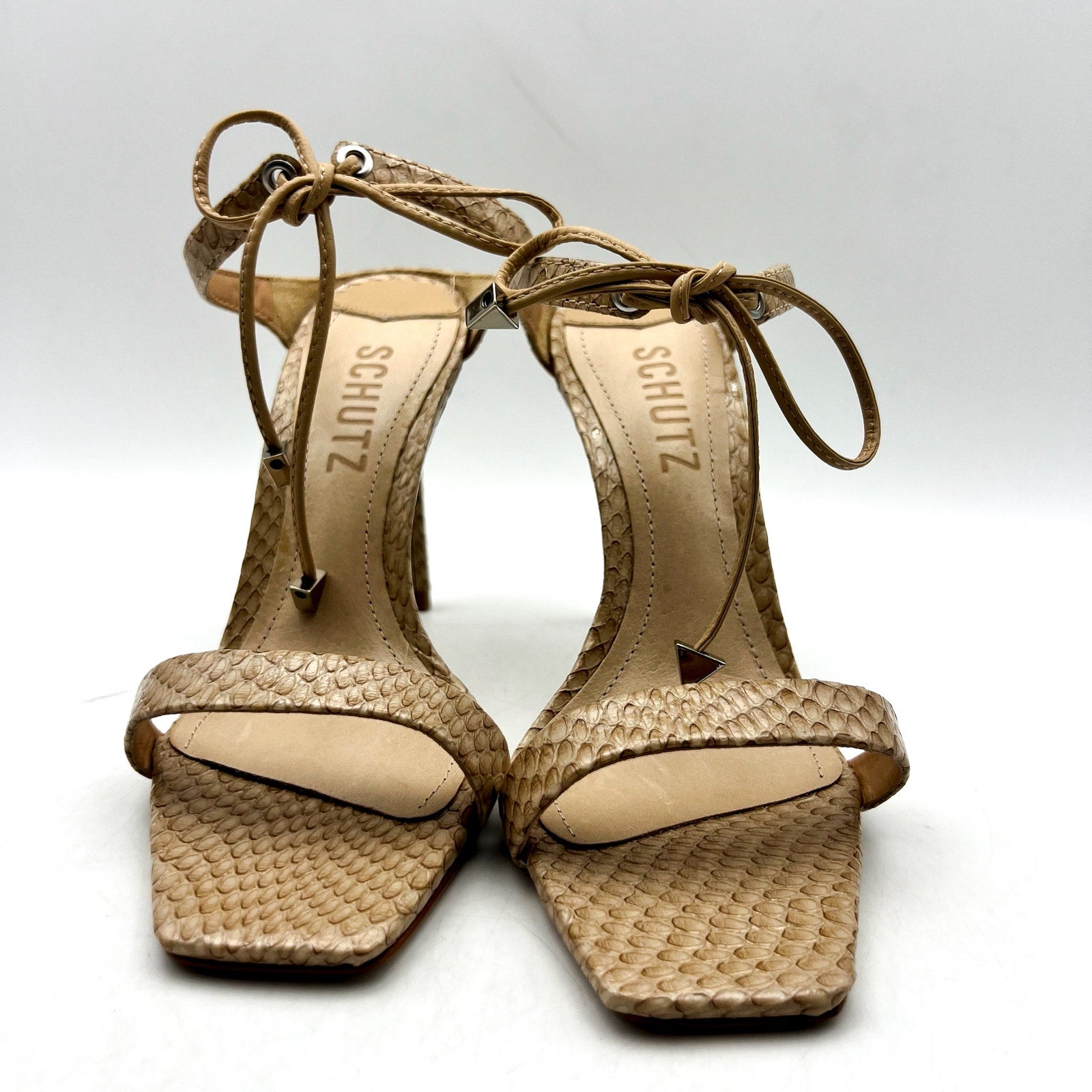 SCHUTZ Womens Mavis Heel Sandals Size 5 B Snake Shine Light Nude Leather NIB