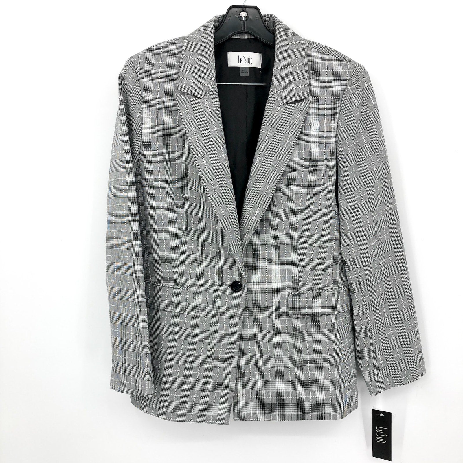 LE SUIT Women's Single Button Suit Jacket Size 12 Grey Black Plaid Blazer NWT