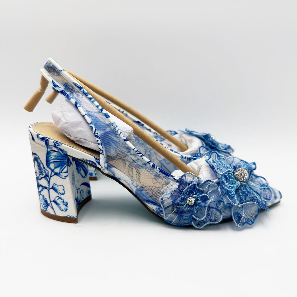 Betsey Johnson Womens Petra Slingback Heels Size 5 White Blue Floral Chiffon NIB