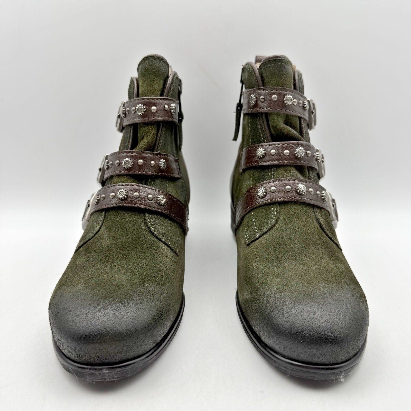 Miz Mooz Womens Sherri Ankle Boot EU 36 WIDE US 6 Green Brown Leather Buckle NIB
