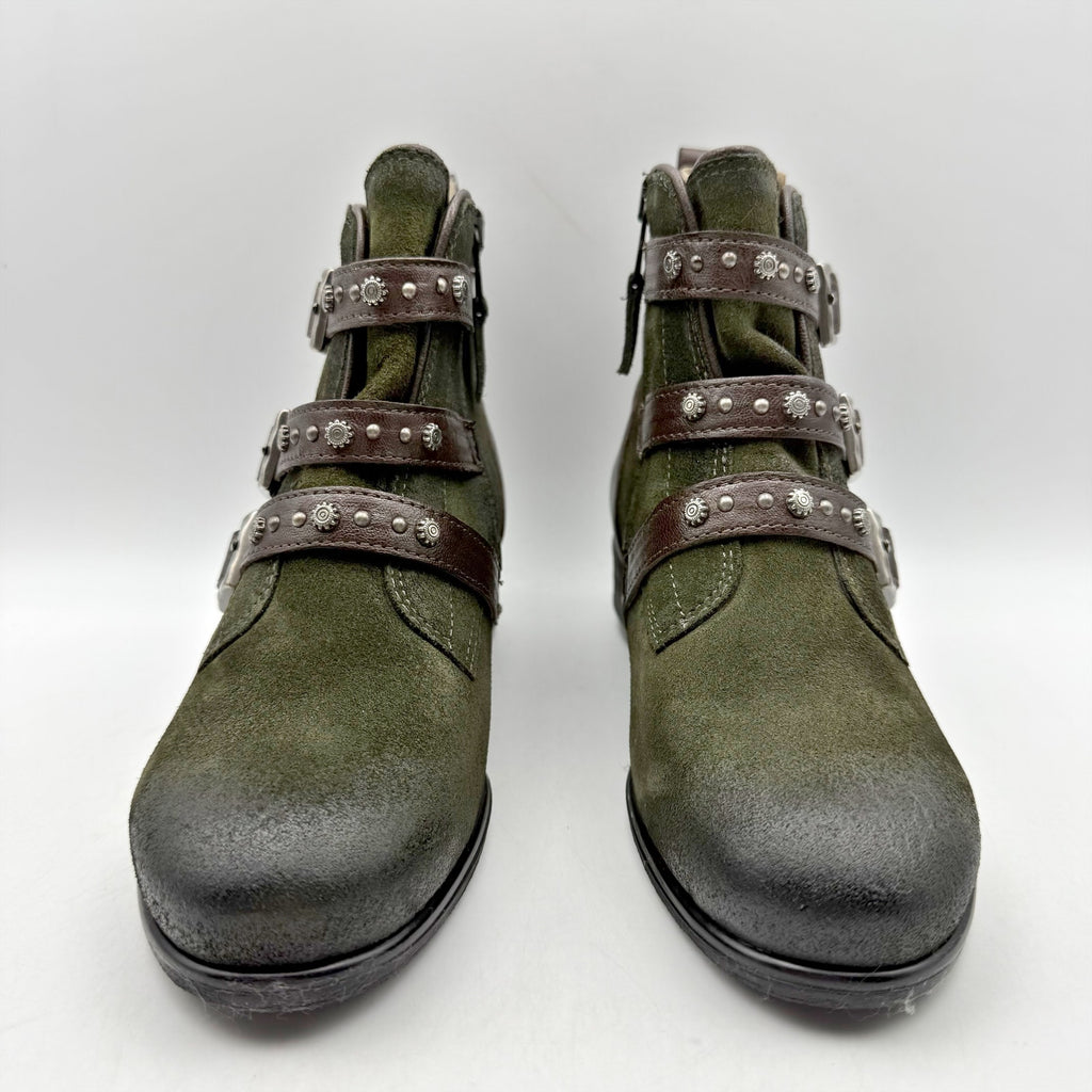 Miz Mooz Womens Sherri Ankle Boot EU 36 WIDE US 6 Green Brown Leather Buckle NIB