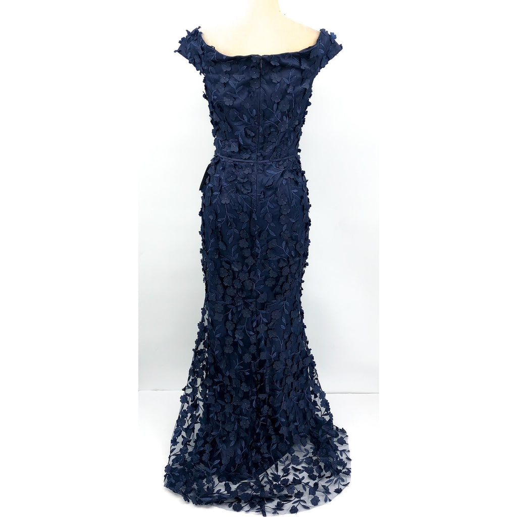 ELIZA J Women's Off The Shoulder 3D Floral Gown Size 10 Navy Blue Tie Dress NWOT