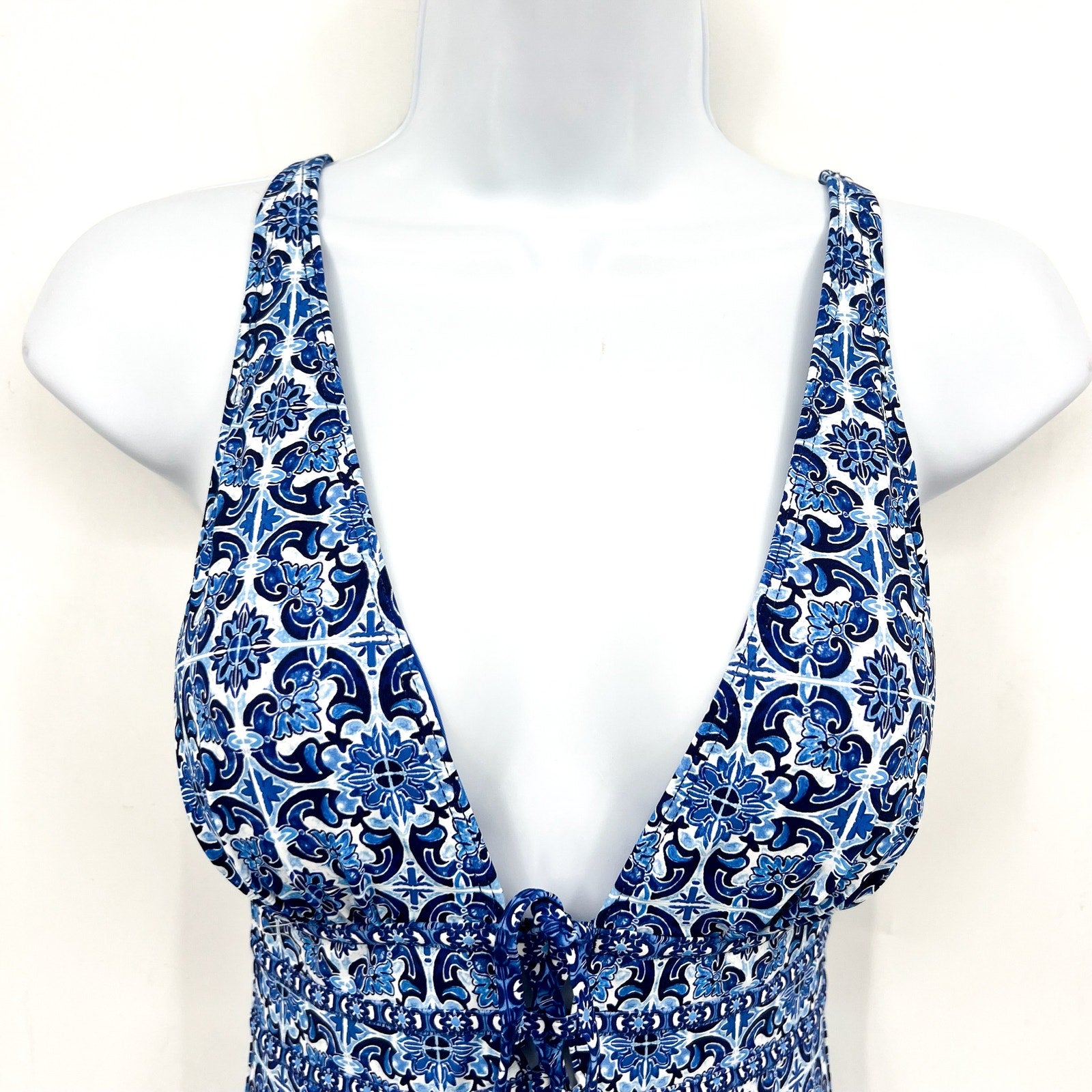 TOMMY BAHAMA Terrazzo Tile One-Piece Swimsuit Size 4 Palace Blue Tie-Front NWT