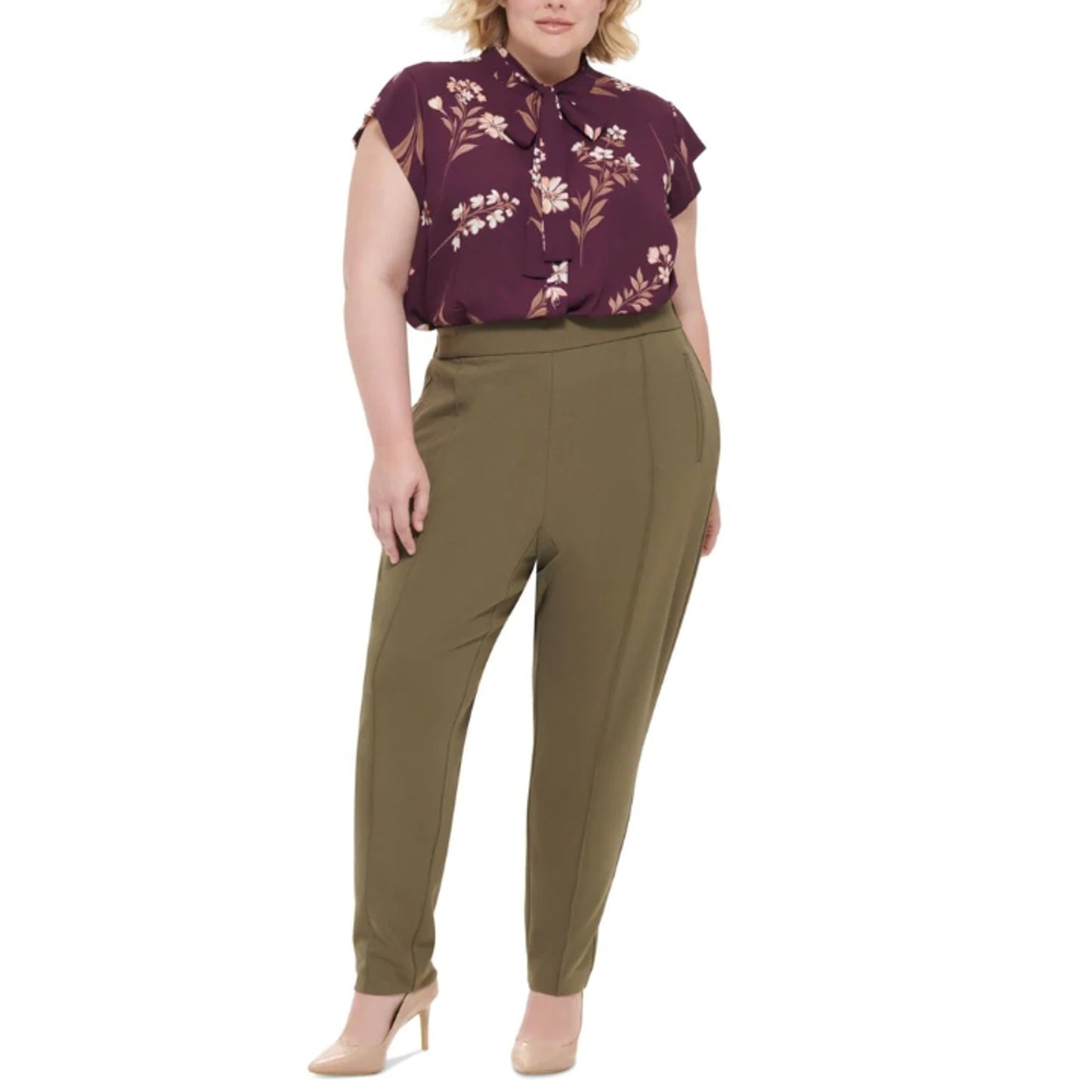 CALVIN KLEIN Women Mid-Rise Pull-On Slim Straight Pants Green 22W