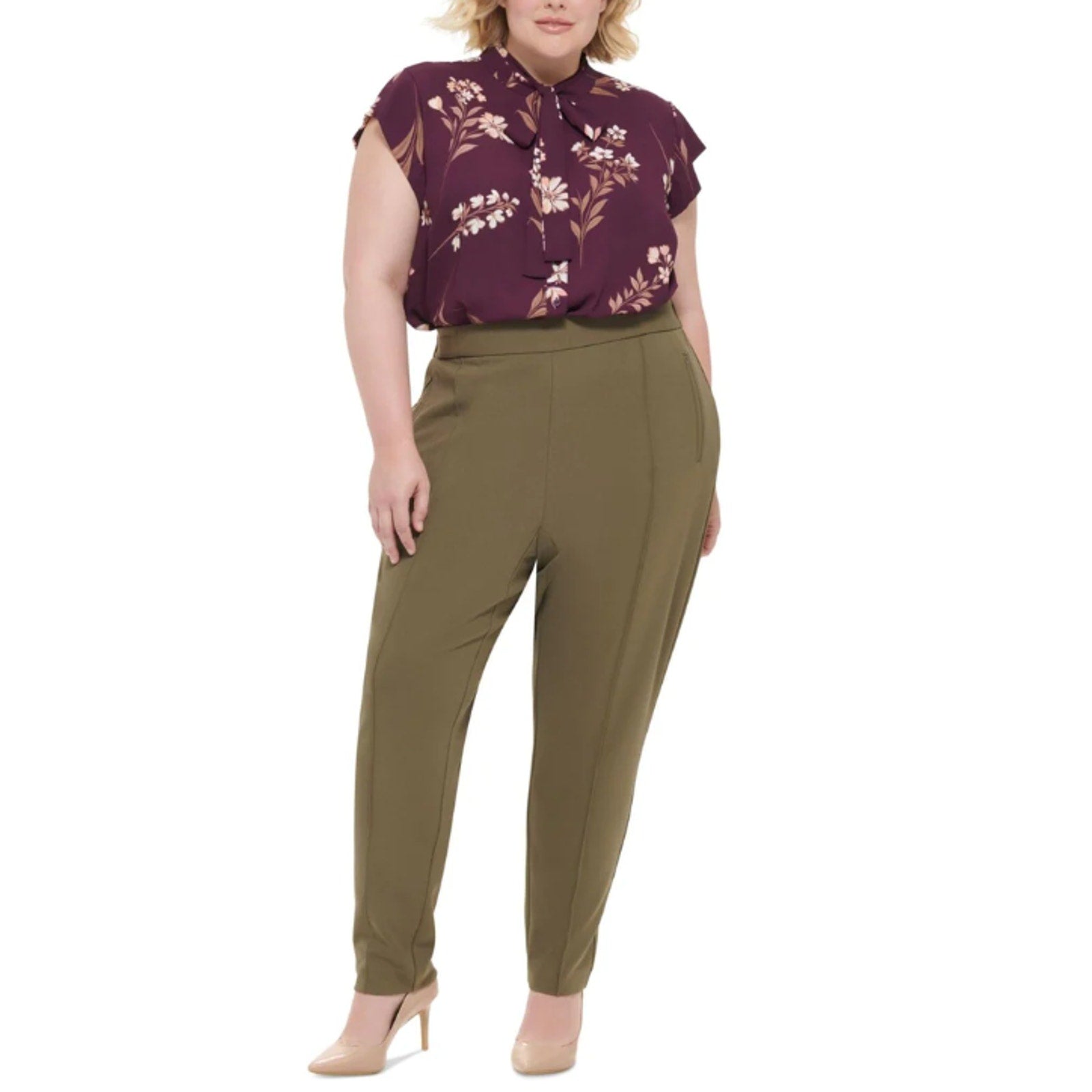 CALVIN KLEIN Women Mid-Rise Pull-On Slim Straight Pants Green 22W