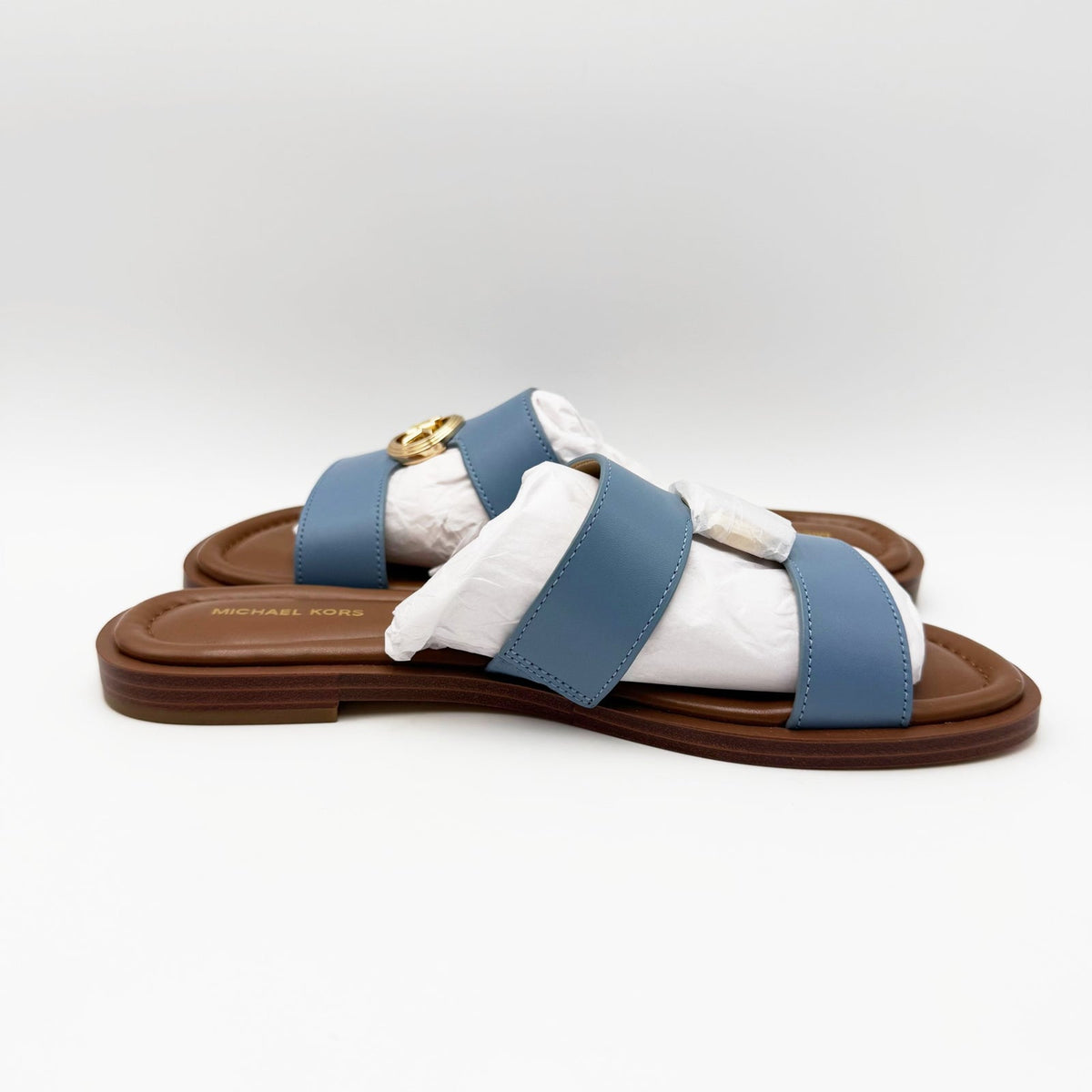 Michael Kors Womens Erin Leather Flat Sandals Size 6.5 Light Blue Chambray NIB