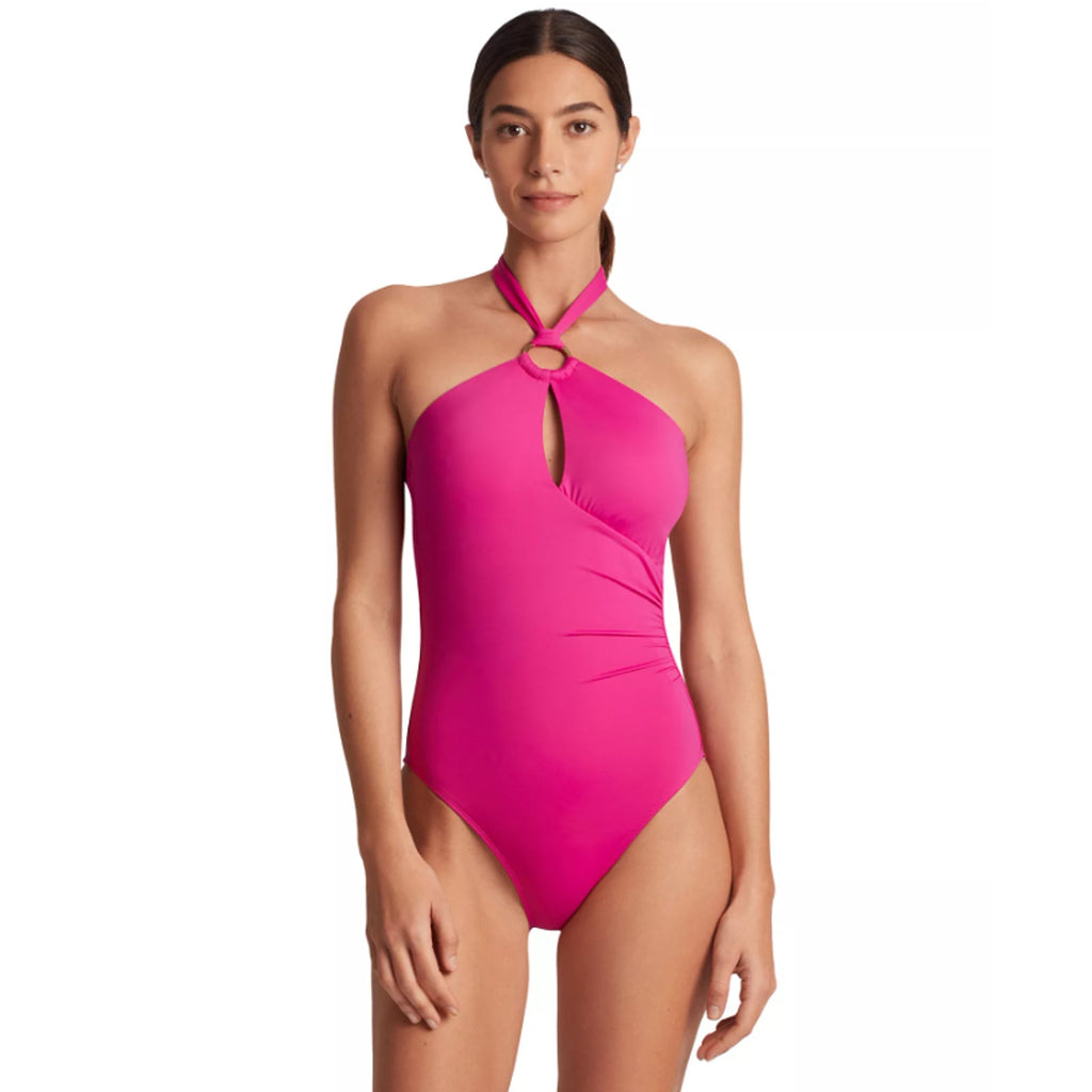 LAUREN RALPH LAUREN O-Ring One-Piece Swimsuit Size 10 Freesia Pink High-Neck NWT