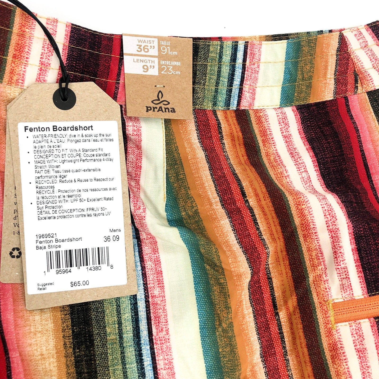 PRANA Mens Fenton Board Shorts Size 36 XL Multi Baja Stripe 9" Inseam UPF 50 NWT