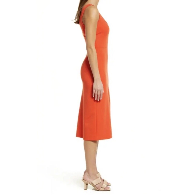 OPEN EDIT Women's Scoop Neck Midi Tank Dress XS Orange Sleeveless Bodycon NWT
