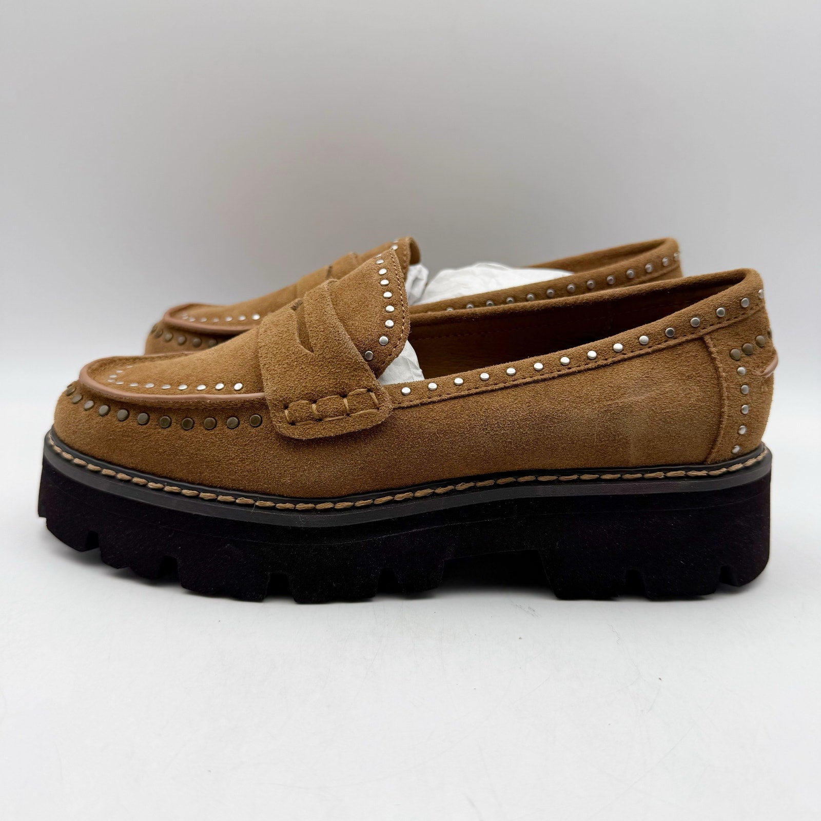 Donald Pliner Womens Massy Loafers US 5.5M EU 36 Brown Suede Studs NWOB