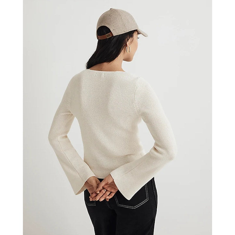 MADEWELL Womens Flared-Sleeve V-Neck Sweater Medium Antique Cream NO063 NWT