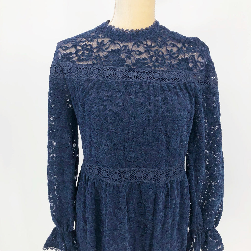 Tahari ASL Womens Chenile Lace Dress SIZE 4 Blue Long Sleeve Mock Neck NWT