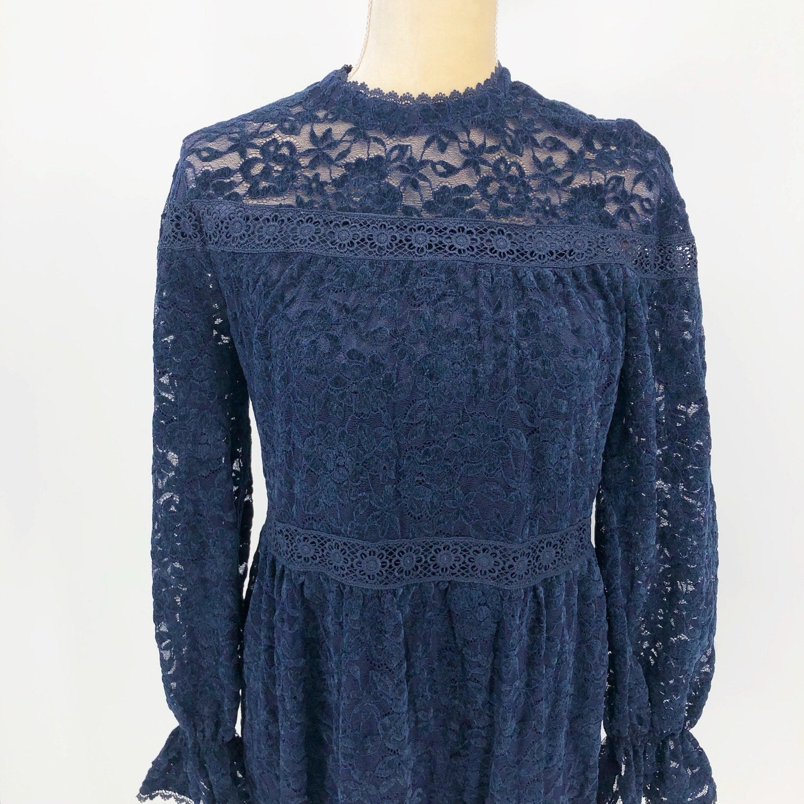 Tahari ASL Womens Chenile Lace Dress SIZE 4 Blue Long Sleeve Mock Neck NWT