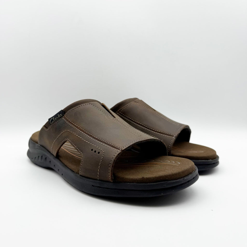 Clarks Mens Walkford Band Sandals US 7 Dark Brown Beeswax Leather Slip On NIB