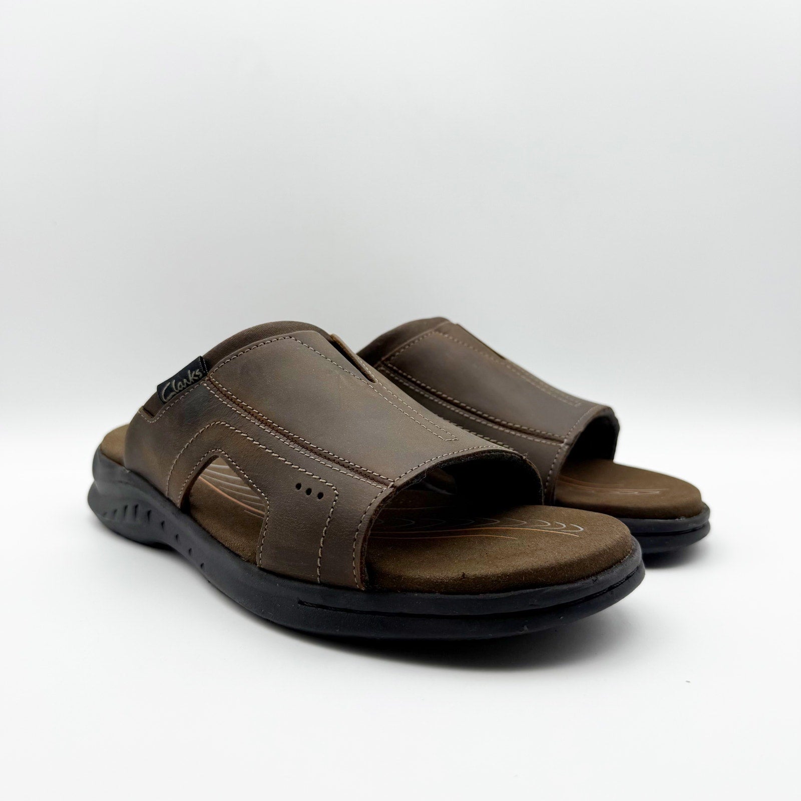Clarks Mens Walkford Band Sandals US 7 Dark Brown Beeswax Leather Slip On NIB