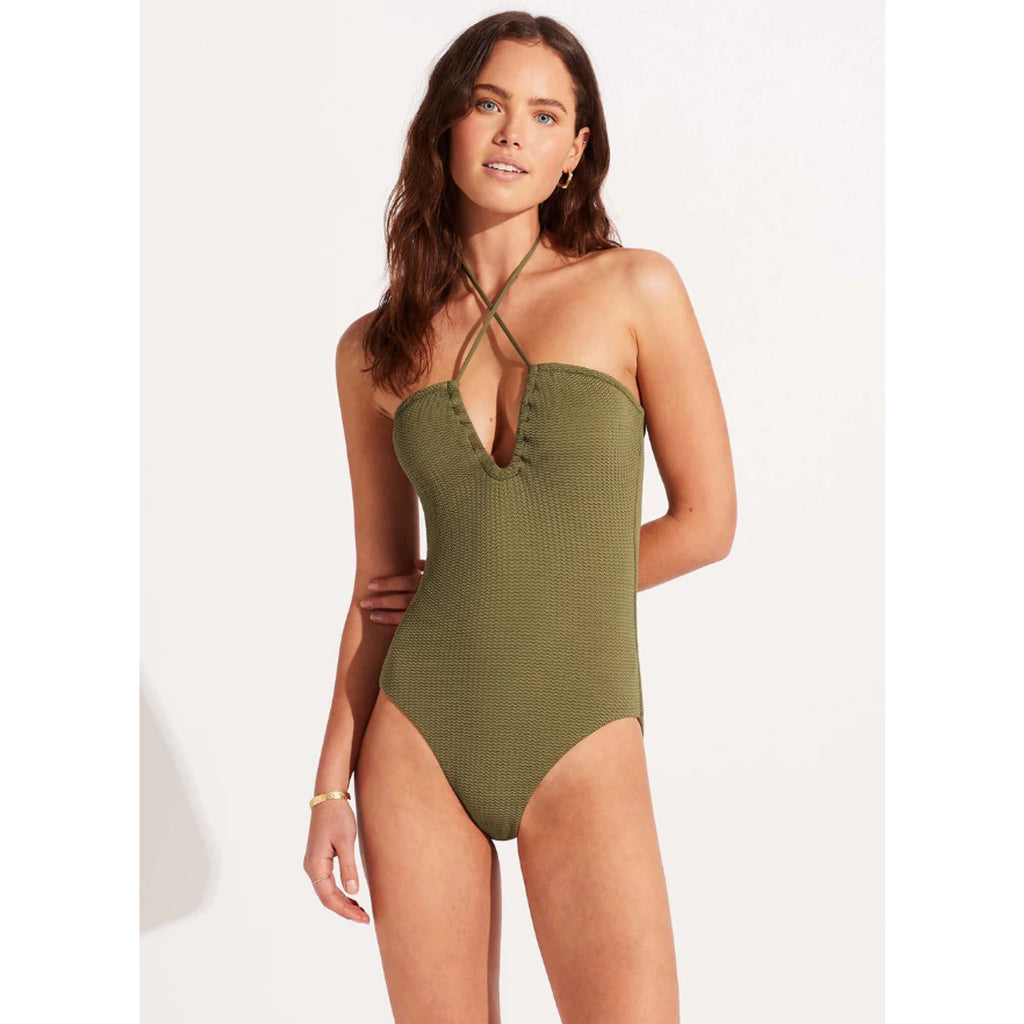 SEAFOLLY Sea Dive Bandeau Maillot One Piece Swimsuit US 8 Green Khaki NWT