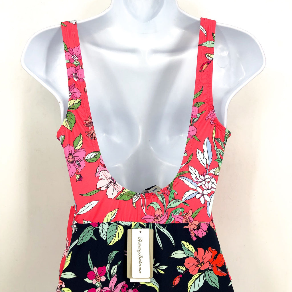 TOMMY BAHAMA Summer One-Piece Swimsuit Size 16 Pink Black Floral Wrap-Front NWT