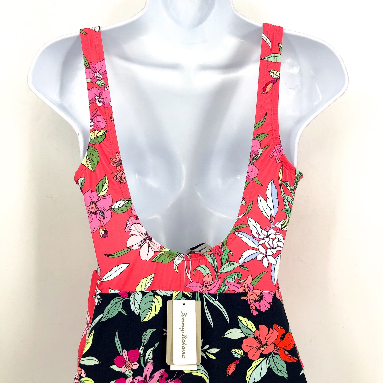 TOMMY BAHAMA Summer One-Piece Swimsuit Size 16 Pink Black Floral Wrap-Front NWT