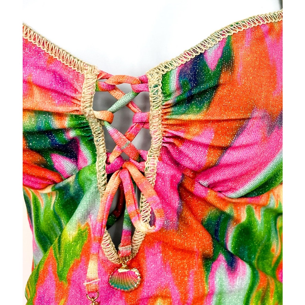 BECCA Women's Lace-Up One-Piece Swimsuit Large Pink Mirage Metallic NWT