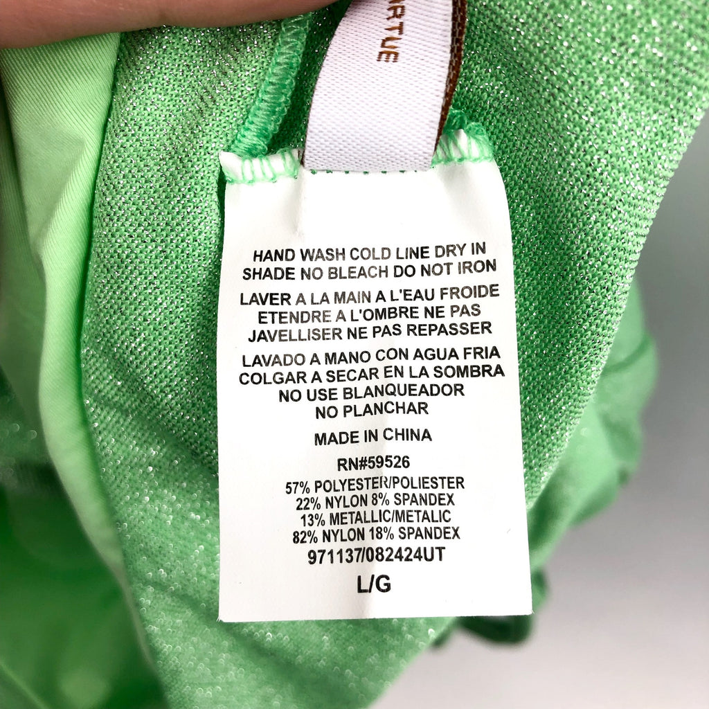 BECCA Glimmer Sparkly One Shoulder One Piece Swimsuit Large Lime Green NWT
