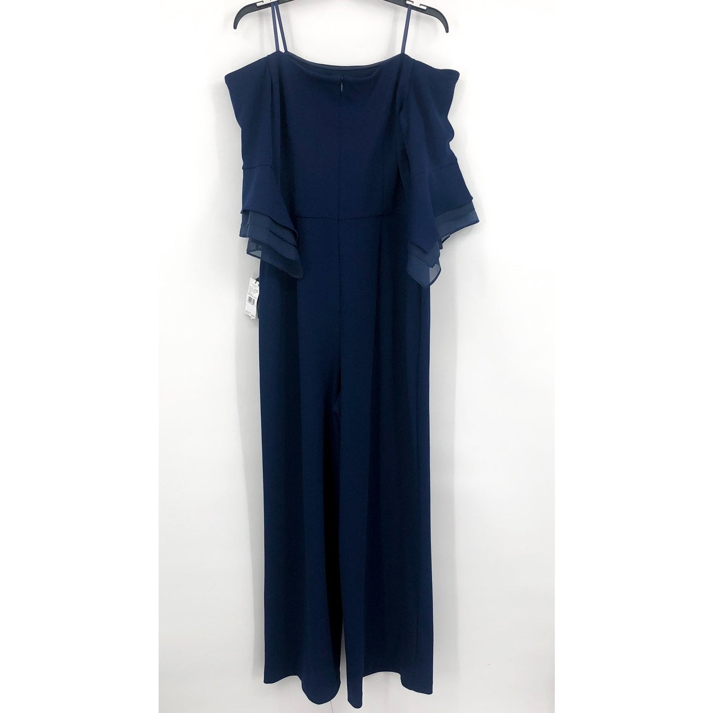 ADRIANNA PAPELL Organza Crepe Jumpsuit Size 14 Navy Blue Satin Off Shoulder NWT