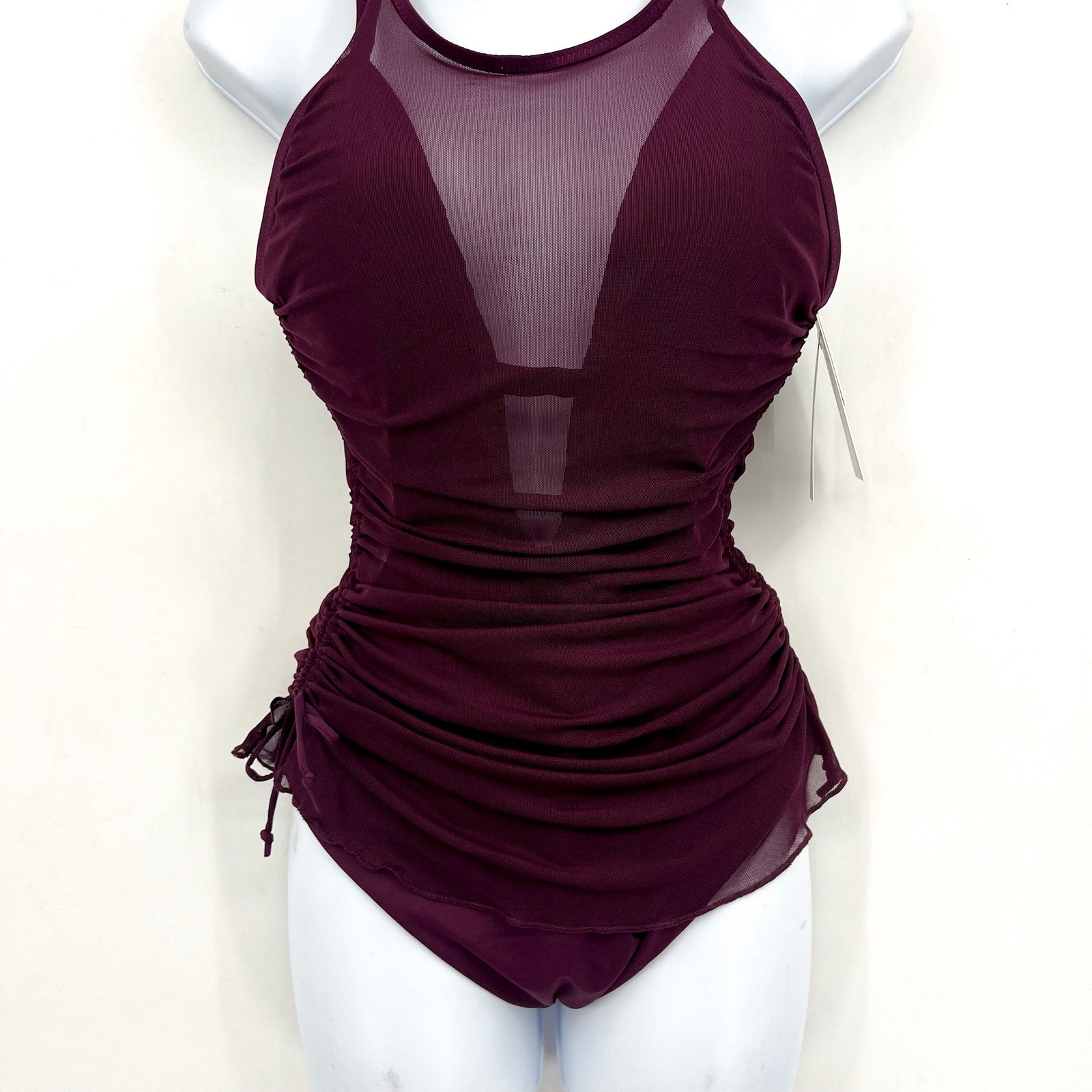 BECCA Muse Macie One Piece Swimsuit Large Purple High Neck Mesh Overlay NWT