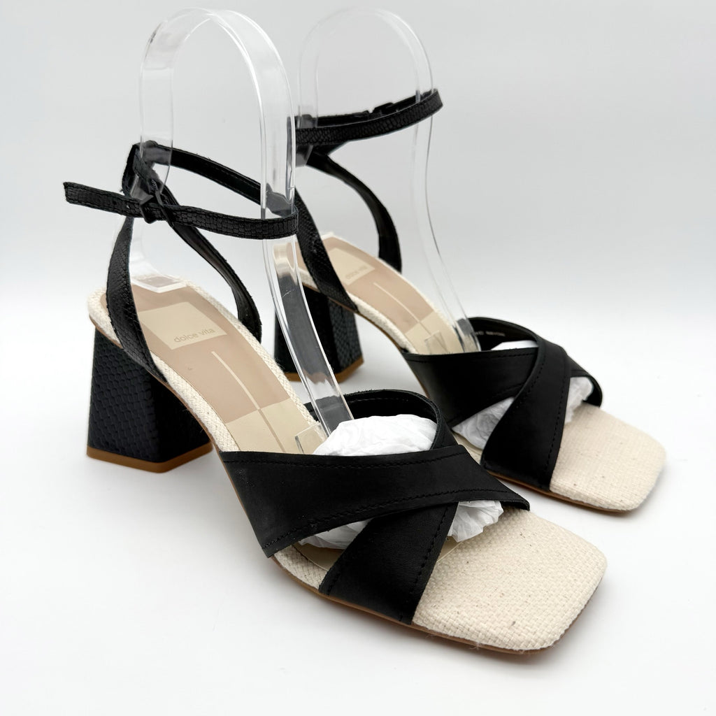 Dolce Vita Womens Tiki Heeled Sandals Size 8.5 M Black Embossed Leather NIB