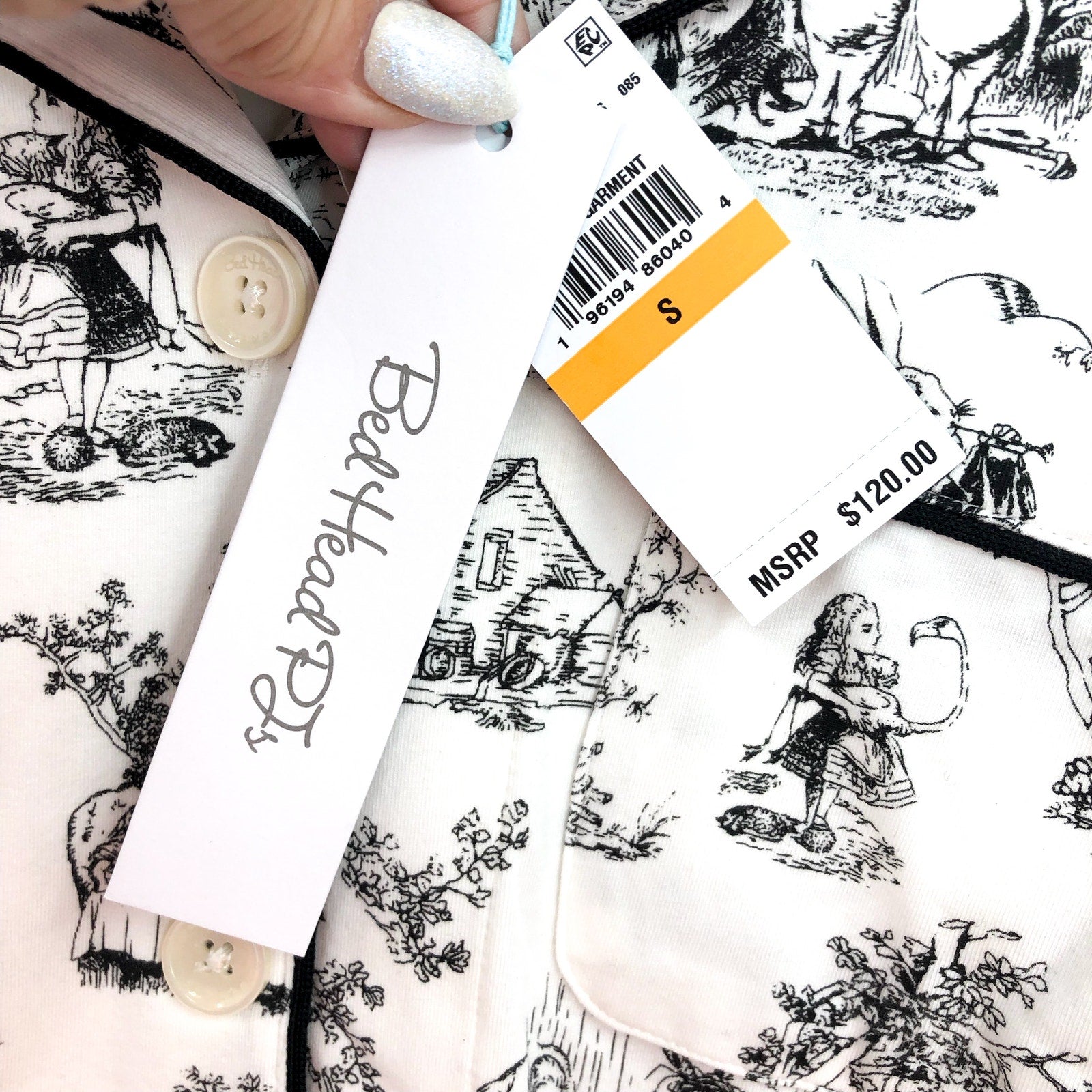 BEDHEAD PJs Womens Alice In Wonderland Pajama Set Small White Long Sleeve NWT