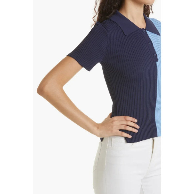STAUD Women's Brice Bicolor Polo Shirt Medium Blue Colorblock Ribbed Knit NWOT