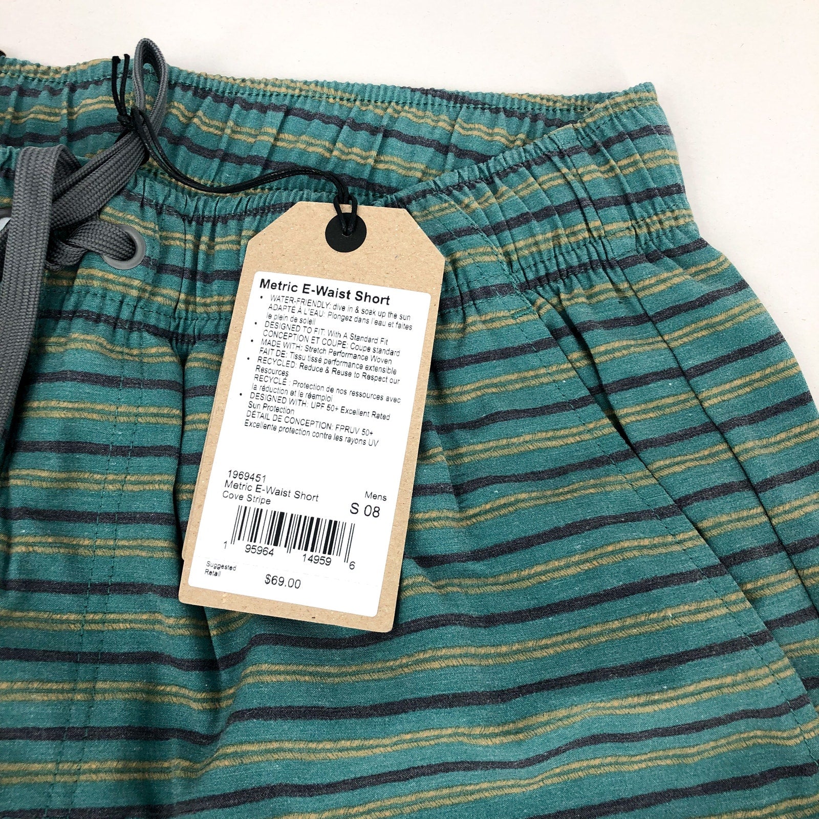 PRANA Men's Metric Swim Short Small Blue Green Cove Stripe 8" Inseam NWT